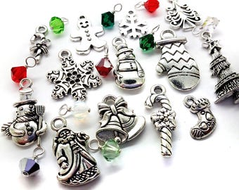 Christmas Charms, 25 pc Set of Metal Charms with Red Green & White Crystal Bead Dangles