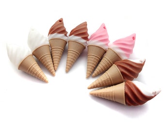 Cute Ice Cream Charms, Chocolate & Strawberry Dipped Soft Serve, Vanilla Swirl Cone, 4 pieces or 4 pairs for earrings, Kawaii Food Pendants