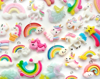 Unicorn and Rainbow Charms Grab Bag, 20 Mixed Kawaii Magical Resin Cabochon Pendants, Cute Unicorns for DIY Jewelry