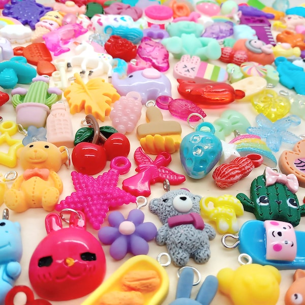 Clearance, 100 Mixed Charms, Huge Assortment of Kawaii Resin and Acrylic Pendants, Cute Mixed Media for Kandi Bracelets, 1/2 to 2 inch Long