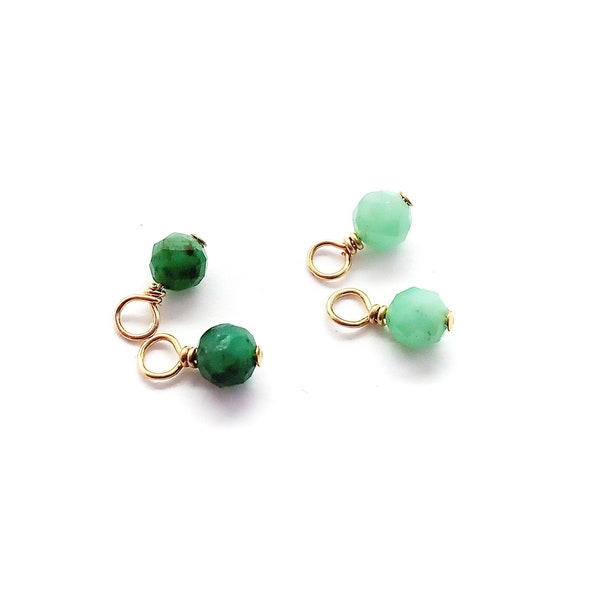 2pc Tiny Emerald Dangles, Pair, Faceted 4mm Green Gemstone Charms w/ 14K Gold-Filled Wire, Mimimalist Dainty Jewelry, May Birthstone