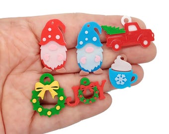Cute Christmas Charms, Small 3D Printed Decorations for Tags or Gifts, Wreath Tree Gnomes Hot Cocoa & Joy Shapes