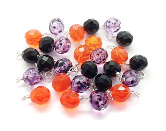 Halloween Dangle Charms, Black Orange & Purple Glass Bead Charms for Spooky Jewelry, 10 pc 8mm Fire-Polished Glass Bead Drops