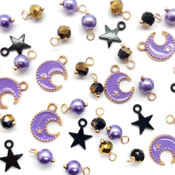 Purple Moon & Black Star Charm Mix, Moody Bead Dangle Set, Beautiful Charms for making Witchy or Whimsigoth Aesthetic Jewelry