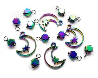 Moon Charm Mix, Iridescent Rainbow Bead Dangle Set, Dark Moody Charms for making Witchy Aesthetic Jewelry