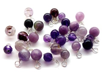 Gemstone Bead Dangles, Purple Shades, 10 or 20 pcs, 5mm 6mm 7mm Charms with Silver-Plated Wire, Amethyst Lepidolite Fluorite Super 7 etc.