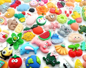 Cute Charm Mix - 50 pc Variety of Animal Food Kawaii Cabochon Pendants - Grab Bag for DIY Kandi Jewelry