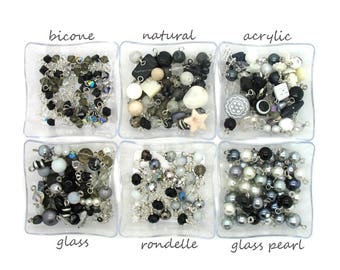 25 Black White Dangle Charms Grab Bag - Neutral Bead Charms - Wire-wrapped Dangle Charms - Gray Pearl Clear Silver Dangle Charms Mystery Bag
