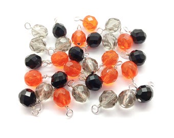 Halloween Glass Bead Dangles, Black & Orange Fire Polished Charms for DIY Charm Bracelets, Set of 10 pcs