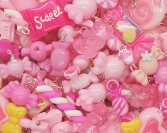 Pink Candy Charms - 25 or 50 pc Candy Chocolate Mint Lollipop Bead Charm Mix - Food Cabochons for Kandi Bracelet Charms