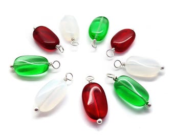 Christmas Dangle Charms, 10 pieces, Mix of Red Green & White Glass Bead Dangles for Holiday Jewelry and Charm Bracelets