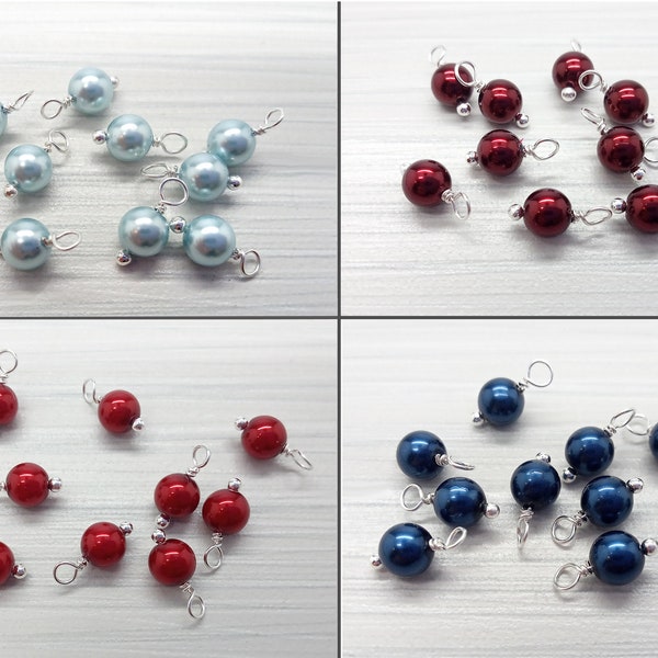 6mm Crystal Pearl Charms, 10 pc Glass Bead Dangles, Tiny Red Burgundy Light Blue & Navy Add-On Charms