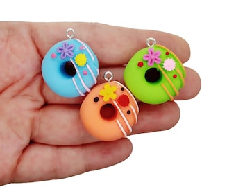 6 Donut Pendants, Brightly Colored Decorated Donut Charms made from Resin Flatback Cabochons, Cute Food Pendants