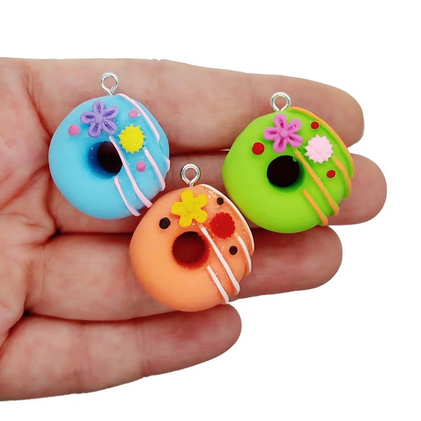 6 Donut Pendants, Brightly Colored Decorated Donut Charms made from Resin Flatback Cabochons, Cute Food Pendants