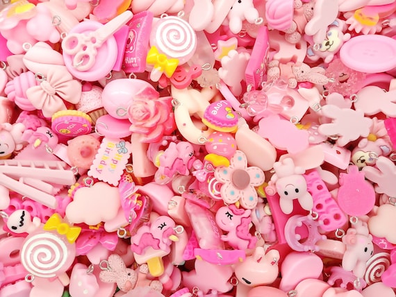 Pink Charms Mix, Kawaii Resin Cabochon Charm Grab Bag, 25 Pc Cute