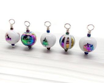 Colorful Christmas Bead Charms, 10 pcs Rainbow Holiday Dangles, Snowflake and Xmas Tree Beads