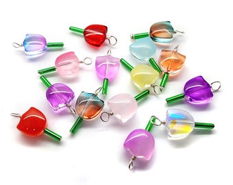 Tulip Charms, 15 pcs Glass Flower Bead Dangles for Jewelry Making