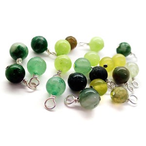 Gemstone Bead Dangles, Green Shades, 10 or 20 pcs, 5mm 6mm 7mm Charms with Silver-Plated Wire, Aventurine Jade Chalcedony Peridot etc.