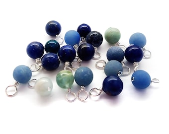 Gemstone Bead Dangles, Blue Shades, 10 or 20 pcs, 5mm 6mm 7mm Charms with Silver-Plated Wire, Aventurine Aquamarine Apatite Sodalite etc.