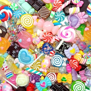 Candy Mix Kawaii Charms, 25 pc Candy Chocolate Mint Lollipop Bead Charms, Food Cabochons for Kandi Bracelet Charms