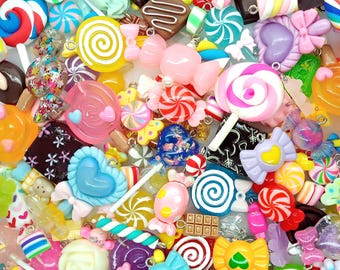 Candy Mix Kawaii Charms, 25 pc Candy Chocolate Mint Lollipop Bead Charms, Food Cabochons for Kandi Bracelet Charms