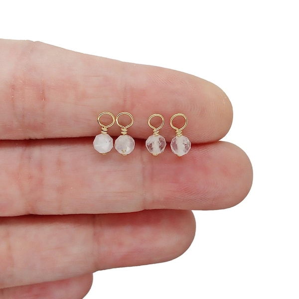 Tiny Moonstone Dangles, 1 Pair, Faceted 4mm Gemstone Charms with 14K Gold-Filled Wire, 2pc Dainty Minimalist Set, June Birthstone