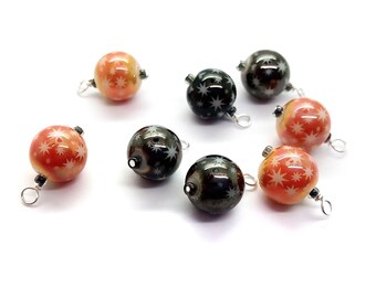 Halloween Bracelet Charms, 10mm Glass Bead Dangles with Star Pattern, Set of 8 pieces in Black & Orange, about 3/4 in. long