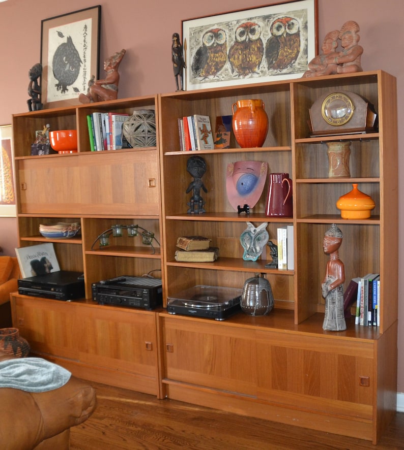 Teak Wall Unit Domino Mobler Denmark Mid Century 60s 2 Sliding Door Cabinets On Bottom 1 Top Many Shelves Display Areas Units
