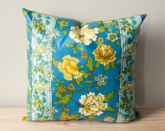 Handmade Floral Vintage Fabric Pillow | Blue + Green + Yellow