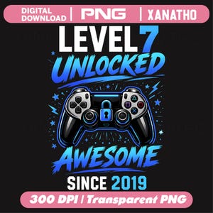 Puede incluir: Un diseño gráfico digital con el texto LEVEL 7 UNLOCKED AWESOME SINCE 2019 en azul y blanco. Se muestra un mando de videojuego negro con un icono de candado azul en el centro. El diseño incluye estrellas azules y rayos como detalles.