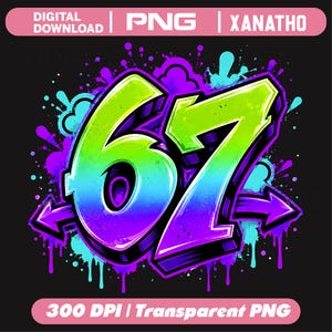 Peut inclure: Un graphique numérique représentant le nombre 67 dans un style graffiti avec un dégradé de vert lime, bleu et violet. Le design comprend deux flèches violettes pointant vers l'extérieur et un fond d'éclaboussures de peinture cyan et violette.