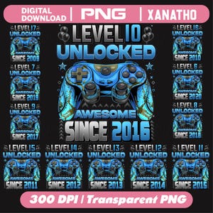 Peut inclure: Un design graphique numérique présentant une manette de jeu vidéo bleue centrale avec le texte LEVEL 10 UNLOCKED AWESOME SINCE 2016. Le design est entouré de plus petites icônes de manettes étiquetées avec divers niveaux et années de 2009 à 2020.