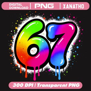 Peut inclure: Un graphique numérique représentant le nombre 67 dans un style graffiti vibrant et multicolore avec un dégradé arc-en-ciel. Les chiffres ont un aspect brillant et liquide avec des gouttes de peinture en bas, entourés d'un effet de peinture en aérosol blanc.