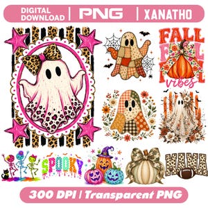 Peut inclure: Une collection de fichiers numériques PNG sur le thème d'Halloween comprenant des fantômes, des citrouilles, des squelettes et des motifs léopard. Les designs incluent des textes comme FALL VIBES, SPOOKY et MAMA, avec divers éléments colorés et floraux.