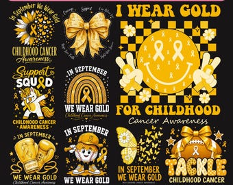 Paquete de imágenes PNG para concienciar sobre el cáncer infantil, En septiembre vestimos de oro, Cinta dorada, Lazo coqueto, Fútbol americano, Béisbol (Descarga instantánea)