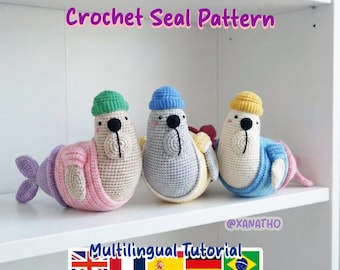 Patrón de crochet para amigurumi de foca | Adorable foca con gorro y suéter | Tutorial de amigurumi de peluche | Tutorial multilingüe (descarga en PDF)