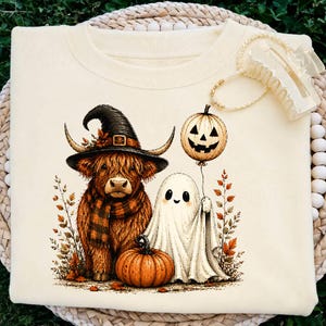 Cute Fall Highland Cow Spooky Ghost Autumn Pumpkin Halloween Png, Halloween Spo-oky Season Png, Autumn Cow, Fall Png