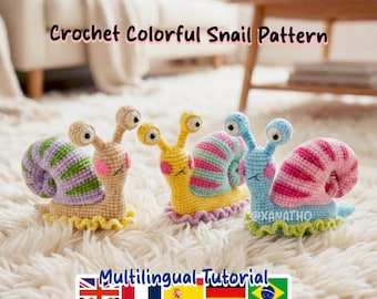 Patrón de crochet de caracol colorido sin costuras en PDF | Tutorial de amigurumi de peluche | Adorable caracol de juguete | Tutorial multilingüe