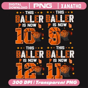Peut inclure: Un design graphique numérique présentant quatre motifs d'anniversaire sur le thème du basket-ball avec le texte THIS BALLER IS NOW suivi des chiffres 10, 9, 12 et 11. Chaque motif inclut des textures de ballon orange, des paniers et trophées.