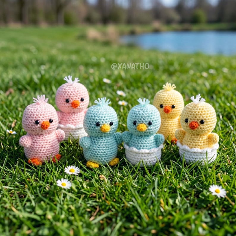 Puede incluir: Seis pollitos de ganchillo en colores pastel, rosa, azul y amarillo, est&aacute;n colocados sobre hierba verde. Cada pollito tiene una base blanca, pico naranja y ojos negros. La imagen incluye el texto "@XANATHO".