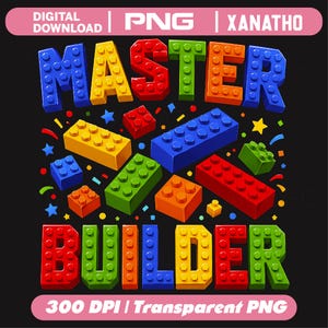 Peut inclure: Un design graphique numérique présentant le texte MASTER BUILDER rendu en blocs de construction en plastique colorés et tridimensionnels. Le design inclut des blocs individuels dispersés en rouge, bleu, jaune et vert, ainsi que des petites formes d'étoiles et de confettis sur un fond noir.