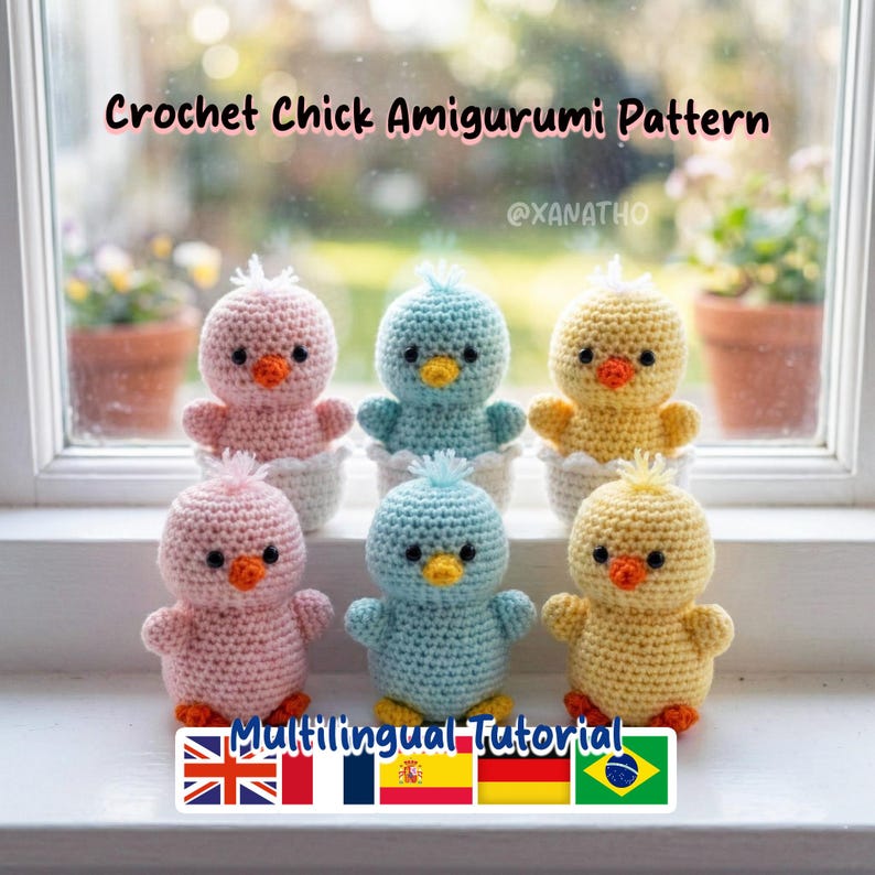 Puede incluir: Seis amigurumi de pollitos de ganchillo en rosa, azul y amarillo, cada uno con picos y patas naranjas. Los pollitos est&aacute;n en soportes blancos con forma de c&aacute;scara de huevo. Se muestra el texto "Crochet Chick Amigurumi Pattern" y "Multilingual Tutorial".