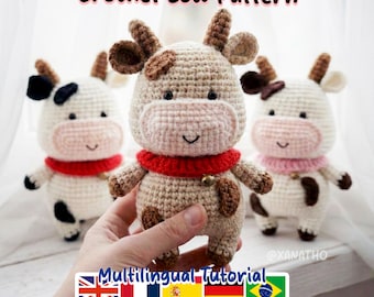 Patrón de vaca amigurumi de crochet | Adorable vaca de granja | Tutorial de amigurumi de peluche | Tutorial multilingüe (Descarga PDF)