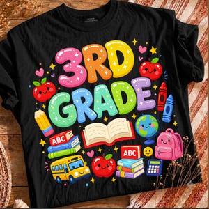Peut inclure: Un t-shirt noir avec un motif coloré affichant le texte 3RD GRADE en grandes lettres bulles multicolores. Le design comprend des illustrations de pommes, un bus scolaire, un globe, un sac à dos, des livres, un crayon et des crayons de couleur.