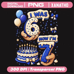 Peut inclure: Un graphique numérique sur le thème de l'anniversaire avec le texte I WAS 6 NOW I'M 7. Le design comprend une main tenant un beignet en forme de six, une main tenant un sept, un gâteau bleu et blanc avec six bougies allumées et des ballons.