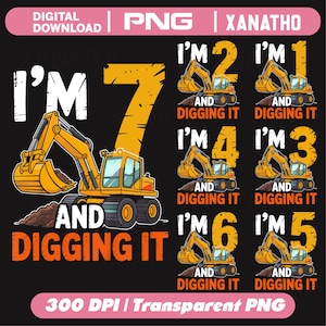 Paket Jag är 1-7 och gräver grävmaskin 1-7 års födelsedag bulldozer 1-7 år png, grävmaskin, konstruktion 1-7 års födelsedagspojke, jag är tre
