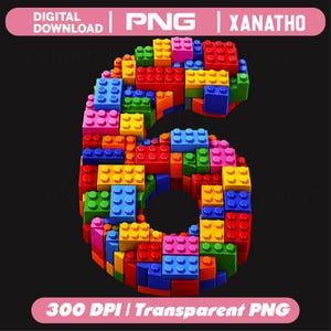 Puede incluir: Un gráfico digital del número seis construido con bloques de construcción de plástico de colores. El número presenta una mezcla vibrante de piezas rojas, azules, amarillas, verdes y rosas, creando una apariencia tridimensional texturizada.