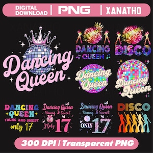 以下が含まれることがあります： ディスコボール、王冠、シルエットを特徴とするPNGデジタルダウンロードコレクション。テキスト要素には「Dancing Queen」、「Disco」、「Young and Sweet」、「only 17」が含まれます。デザインはピンク、青、黄色、キラキラしたマルチカラーのパターンと文字を使用しています。