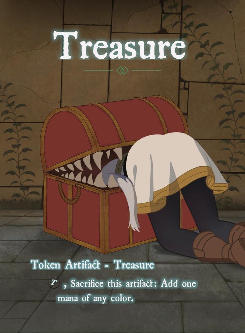 May include: An illustration of a red treasure chest with a large mouth full of teeth. A person is leaning into the chest. The word "Treasure" is at the top. Text at the bottom reads "Token Artifact - Treasure".