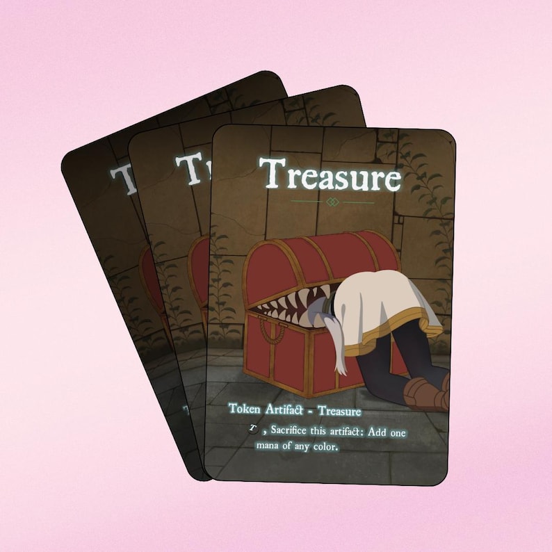 May include: Three fantasy-themed cards with the word "Treasure" at the top. The cards depict a red treasure chest with a person reaching inside. Text at the bottom reads "Token Artifact - Treasure".